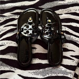 Tory Burch Miller Black Patent Leather Thong Sandals
